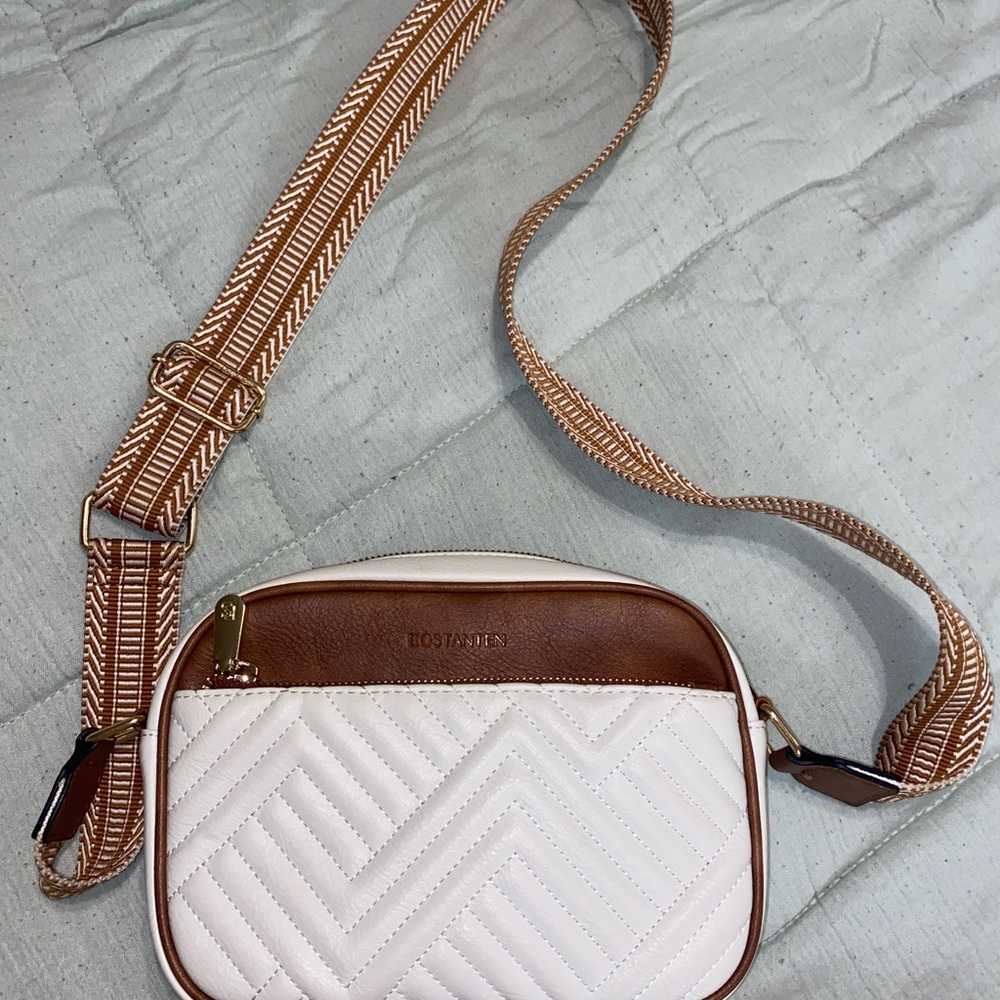 Tan and White Quilted Crossbody Bag
